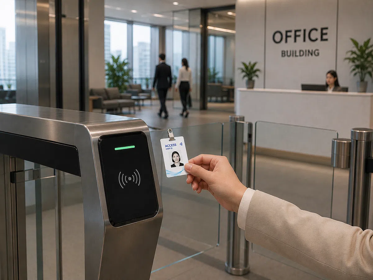 Teslin access credential badge tapped at an office turnstile reader