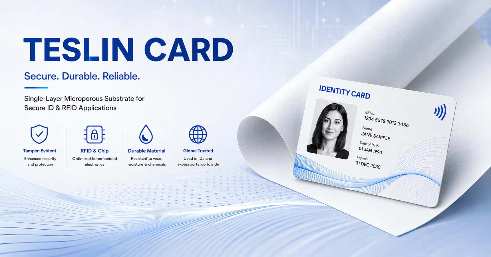 Teslin card infographic — single-layer microporous synthetic substrate for secure ID, e-passport and RFID cards