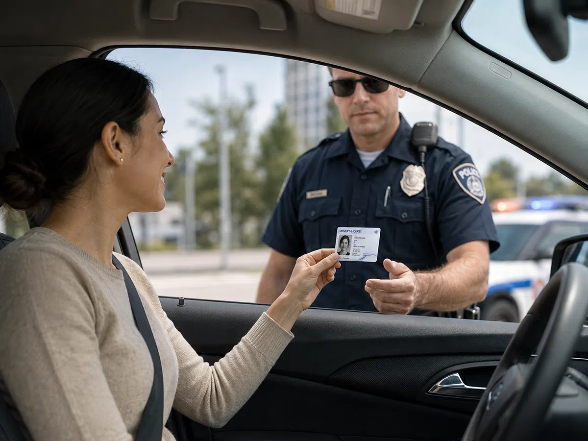 Teslin driver's license card handed to a police officer at a car window