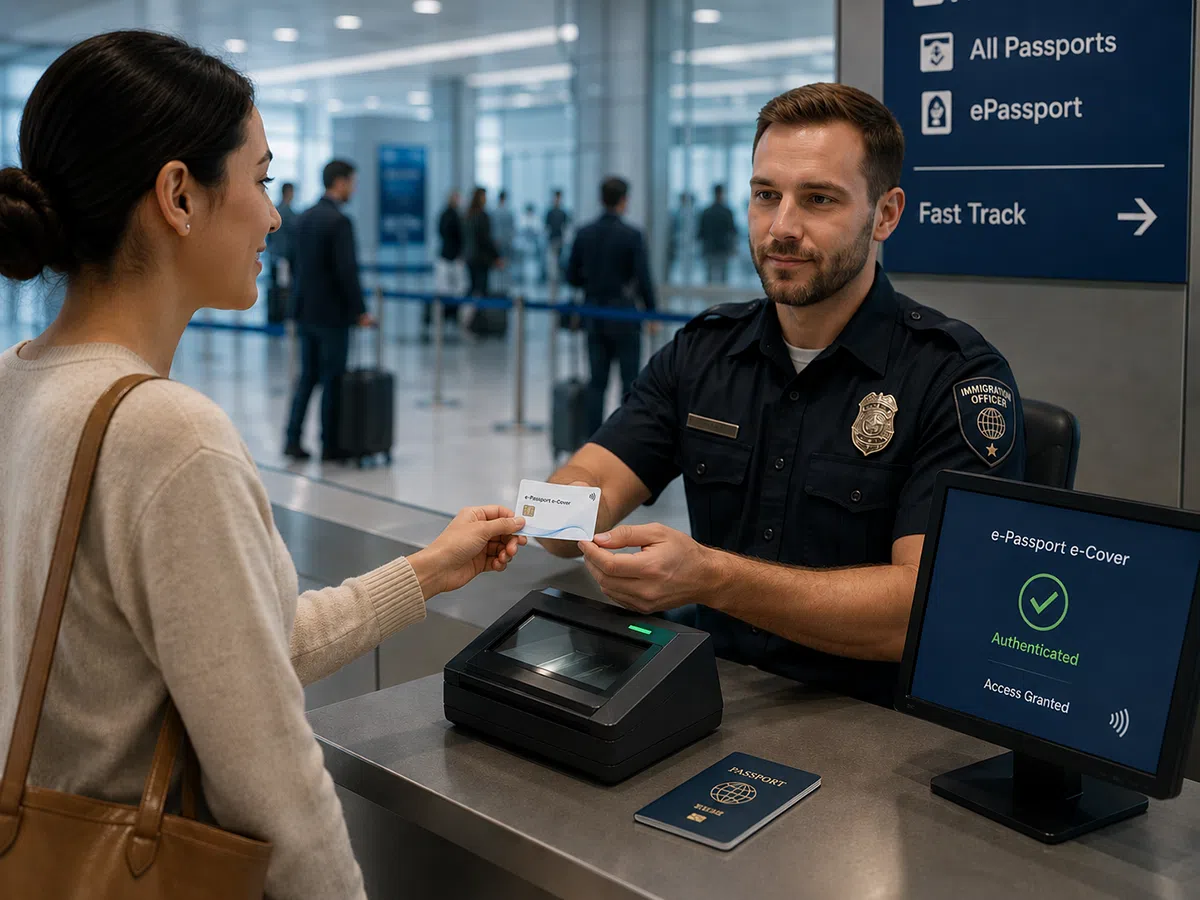 Teslin e-passport e-cover authenticated at an immigration counter
