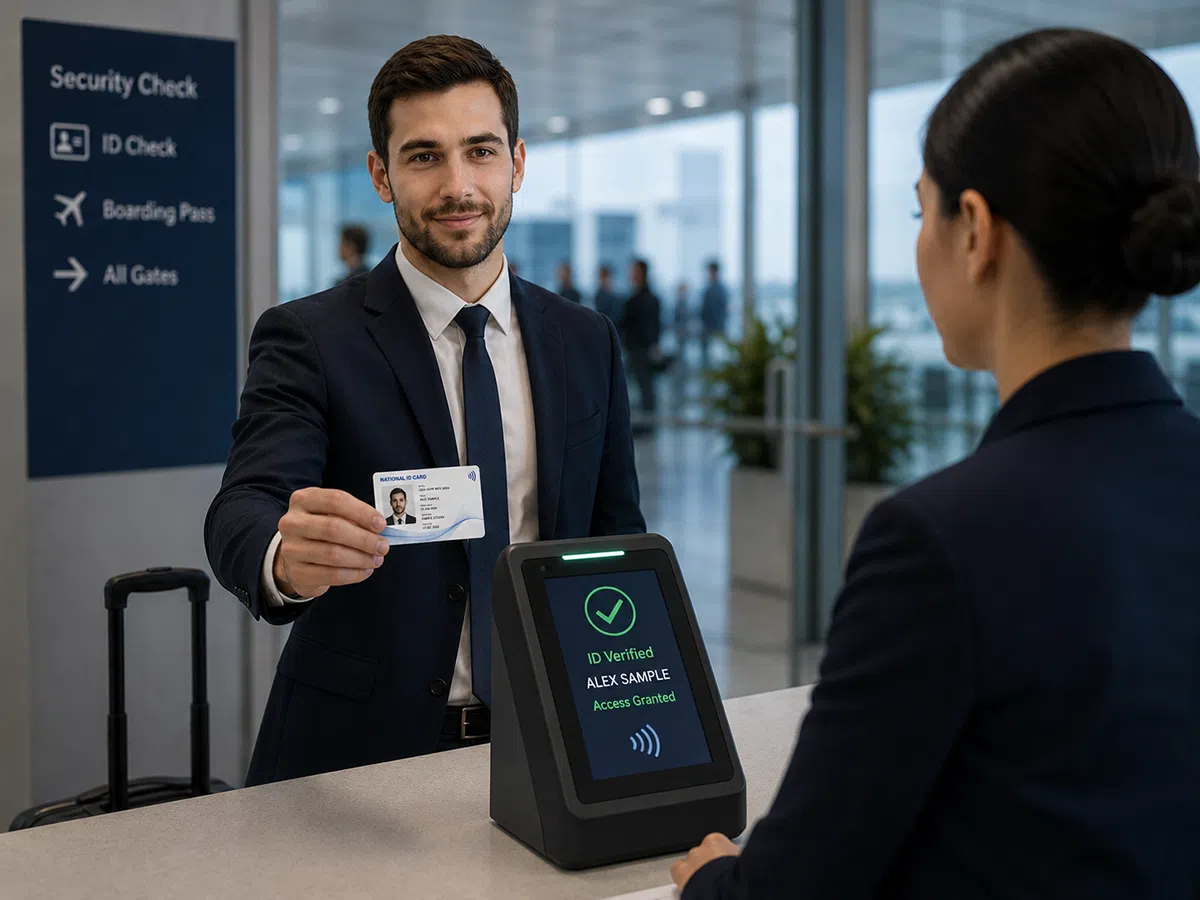 Teslin national ID card presented at an airport ID verification reader