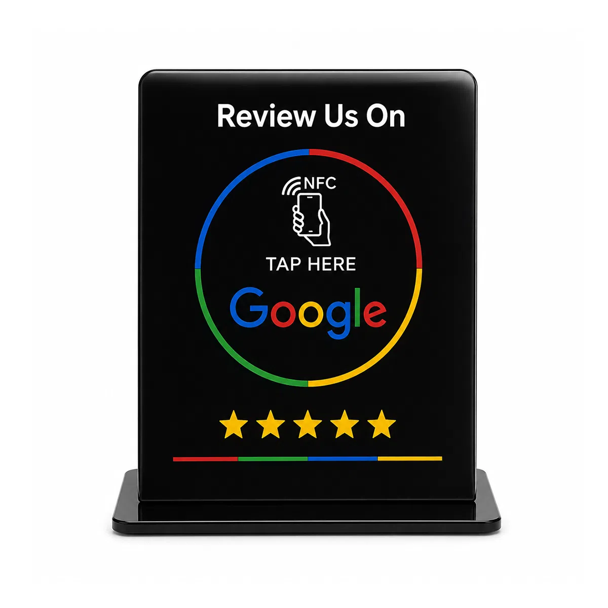 Black acrylic NFC Google review stand for countertop use with tap area and QR code