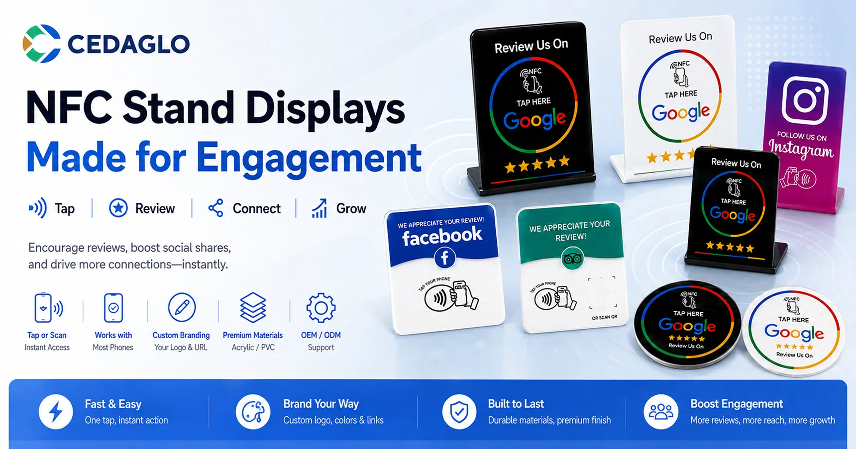 CedaGlo NFC stand displays made for engagement — tap or scan access, custom branding, durable acrylic and PVC materials, OEM/ODM support