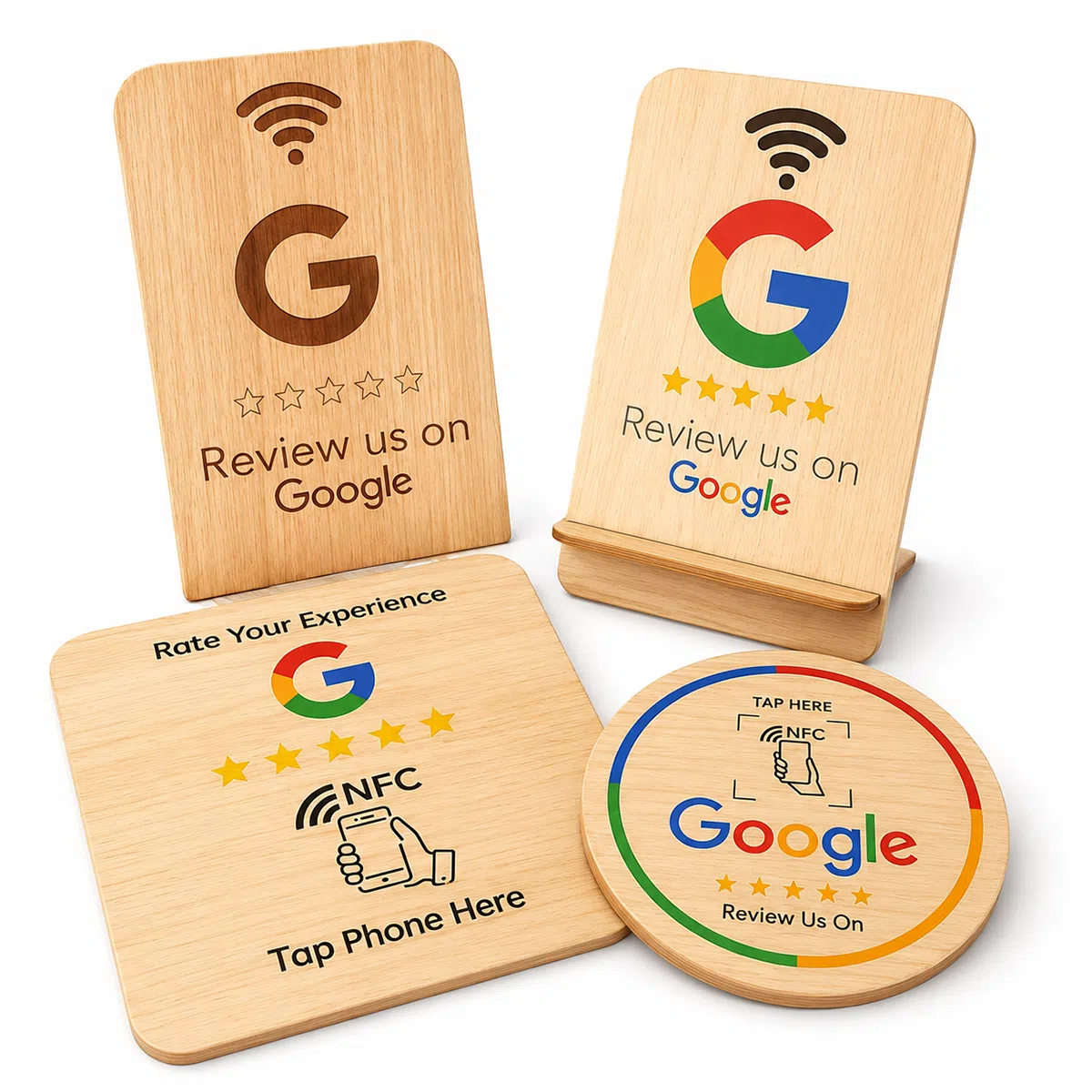Custom wood NFC stand display for Google review and Wi-Fi sharing in hospitality settings