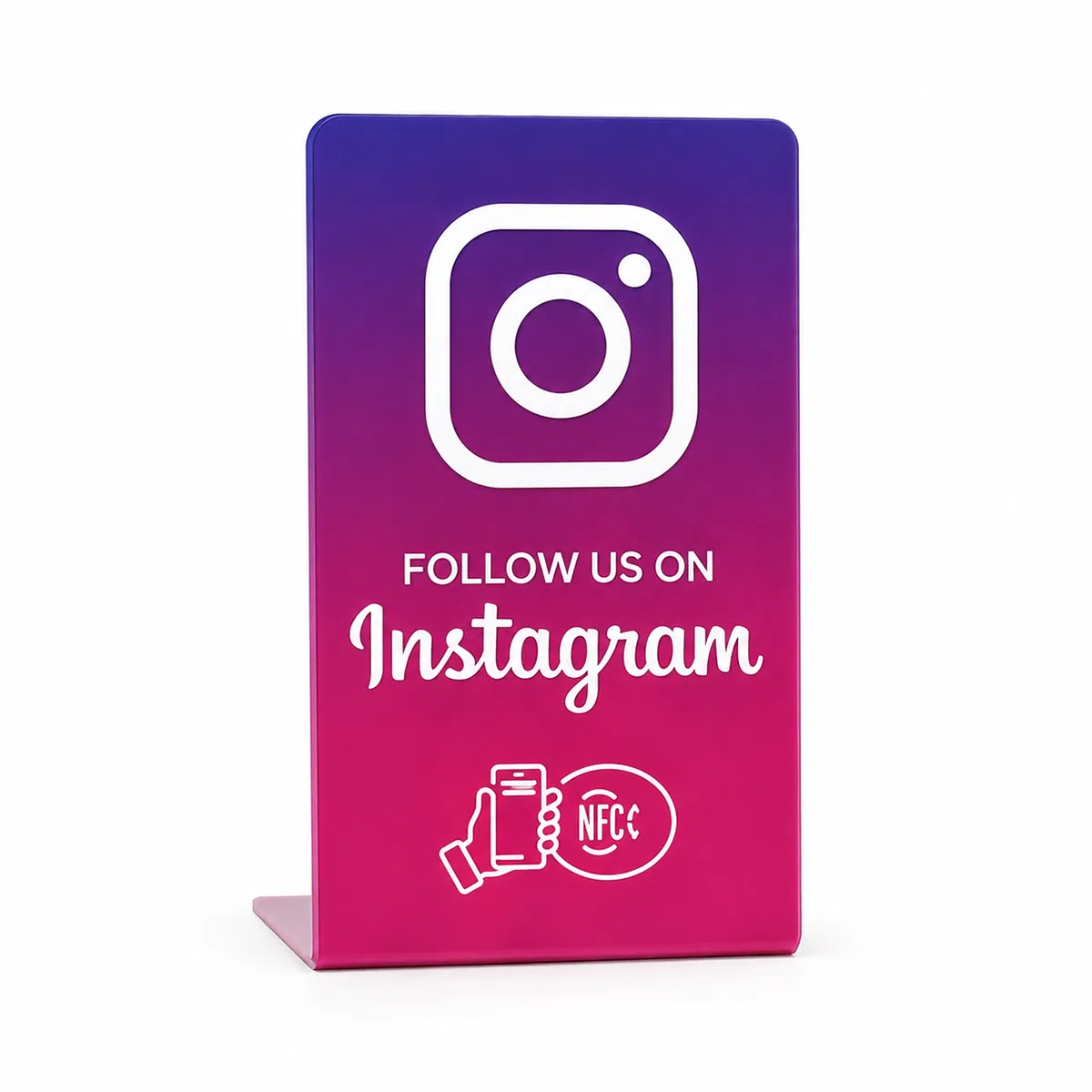 NFC social media stand with Instagram gradient branding for social follow campaigns