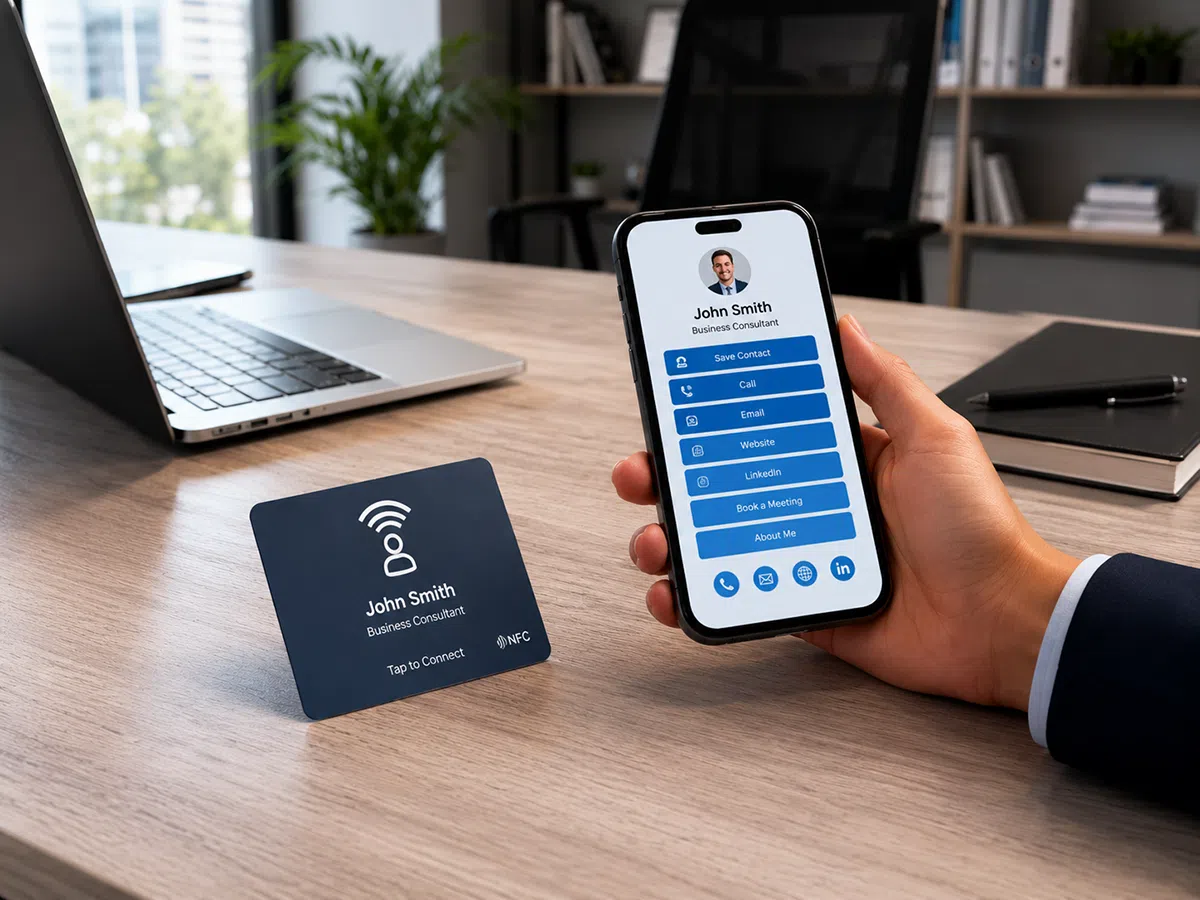 PVC NFC card on an office desk opening a digital business card page on a phone