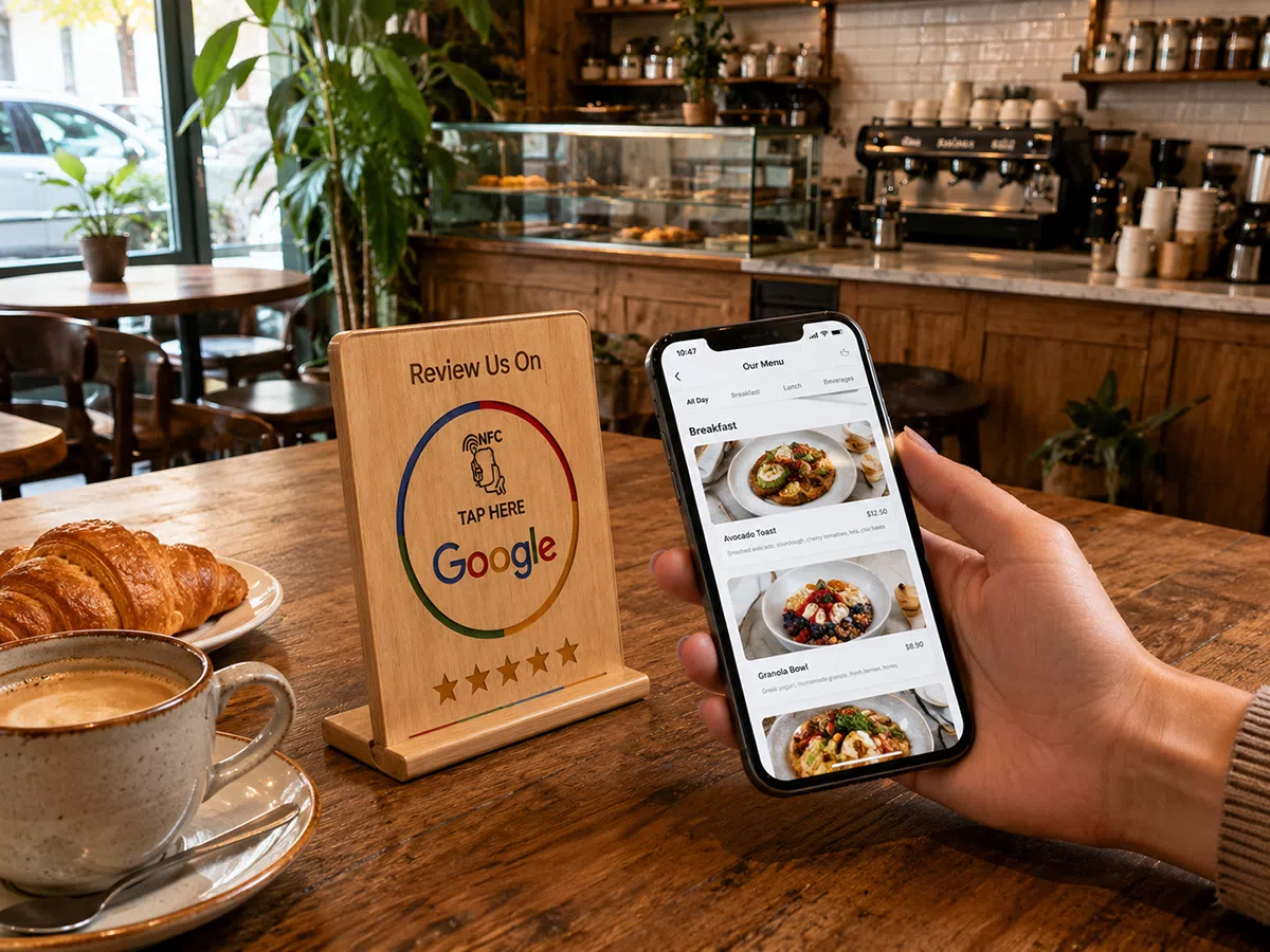 Wood NFC stand on a cafe table opening a digital menu page on a customer phone