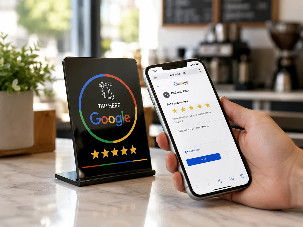 NFC stand display used for Google review collection at a cafe counter