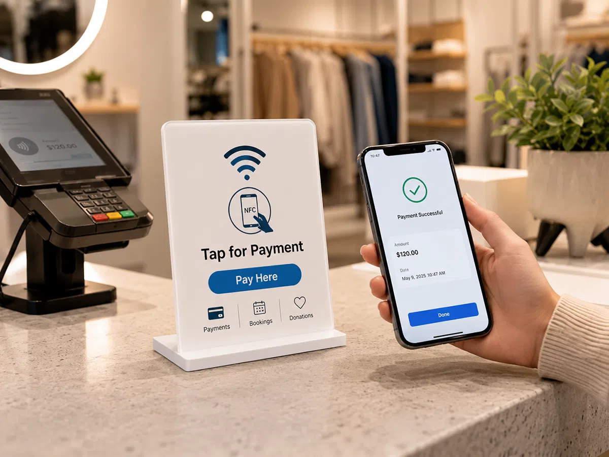 White acrylic NFC stand at retail checkout counter opening a payment confirmation page