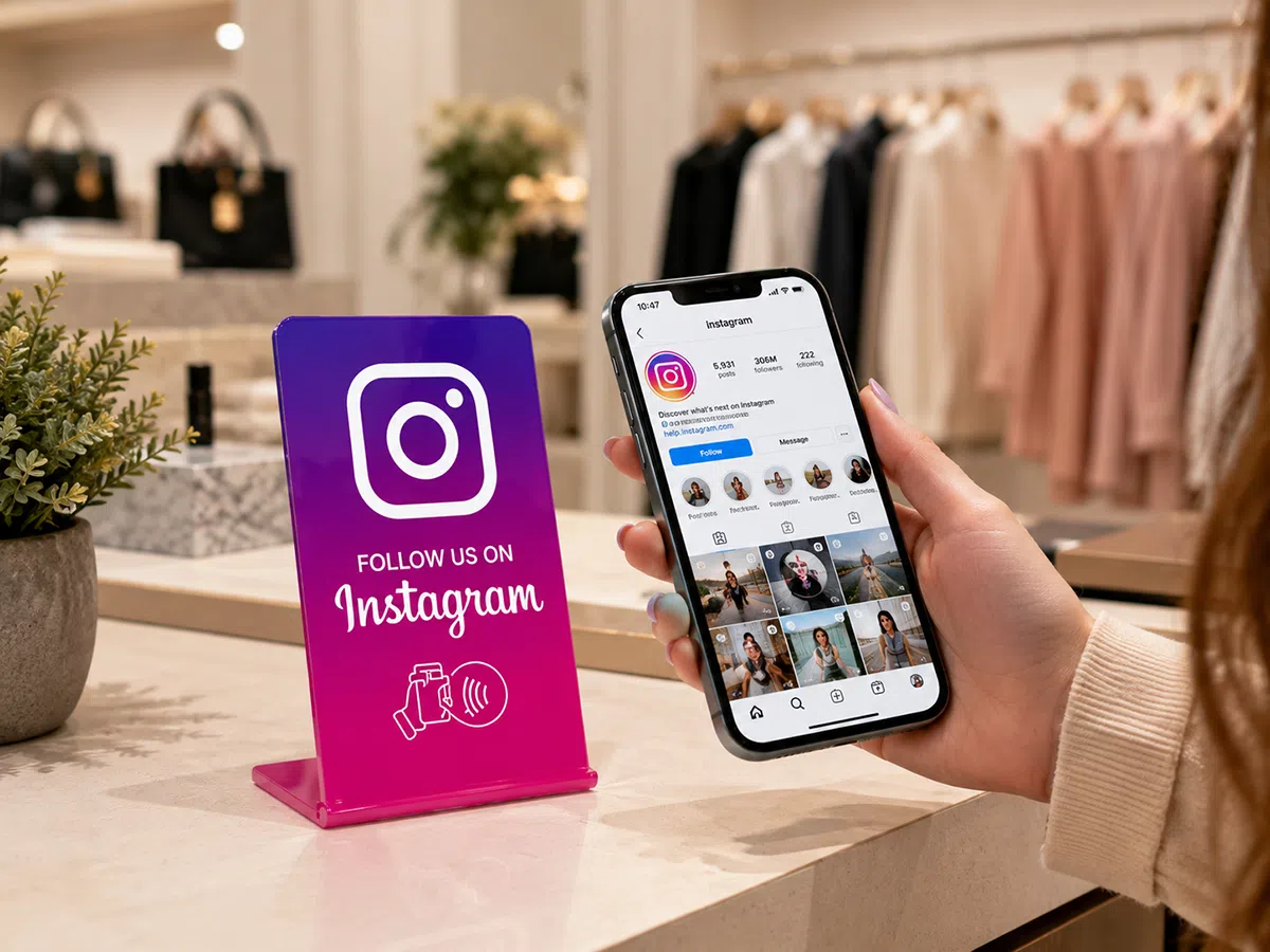 NFC social media stand used for Instagram follow campaign in a retail boutique