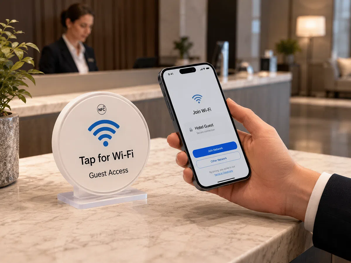 Round NFC plate on a hotel reception desk opening a Wi-Fi connection page