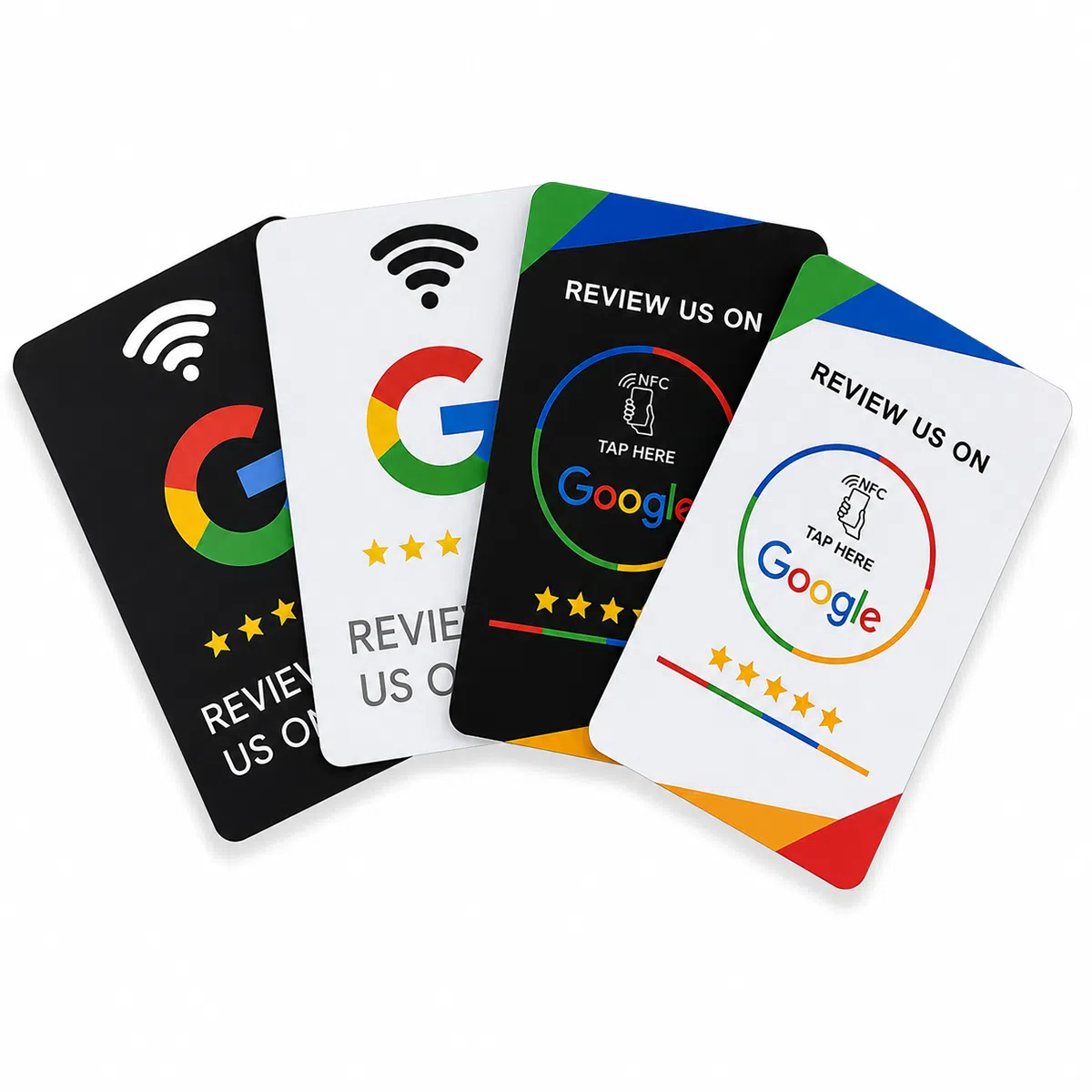 PVC NFC review card with QR code and NFC tap icon in multiple color options