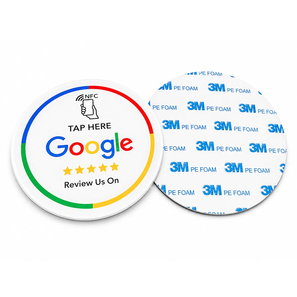 Round NFC plate for tap or scan with 3M adhesive backing for surface mounting