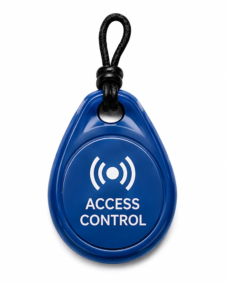 Blue molded ABS RFID keyfob printed Access Control with cord loop