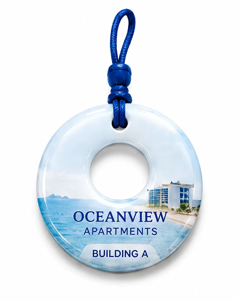Glossy full-color epoxy RFID keyfob, donut shape, printed Oceanview Apartments Building A