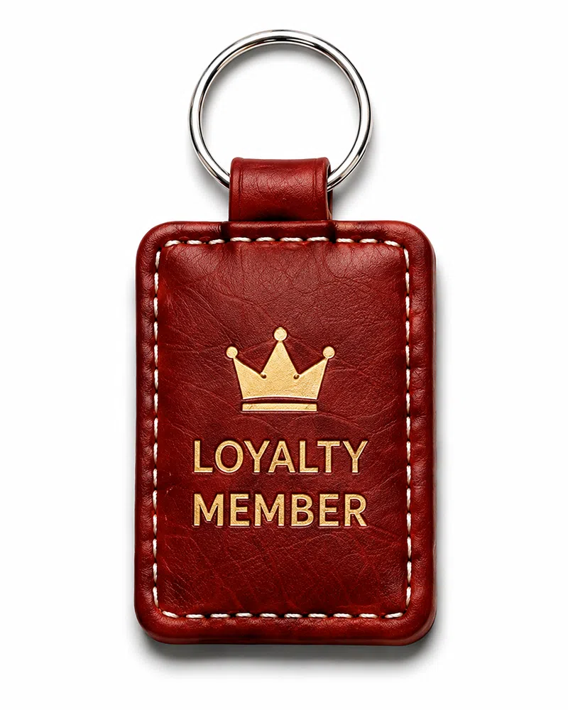 Red stitched leather RFID keyfob with gold foil crown, Loyalty Member
