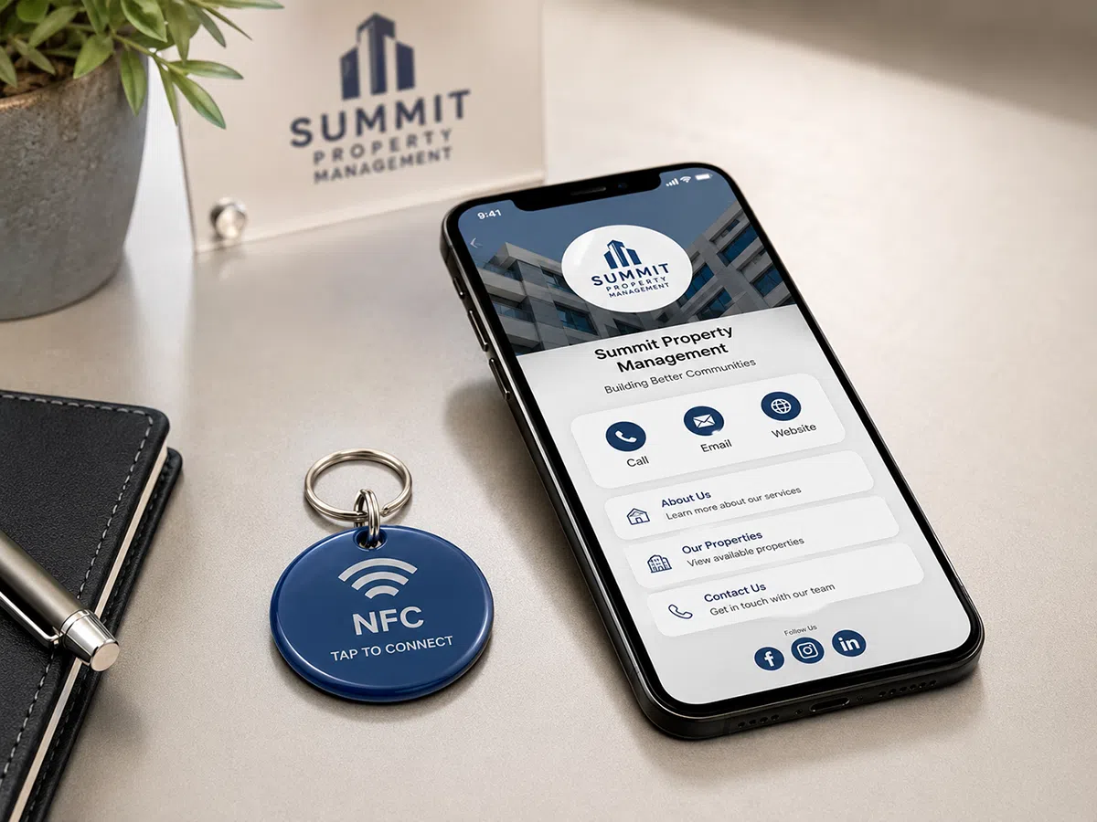 Smartphone tapping a black NFC keyfob resting on a desk