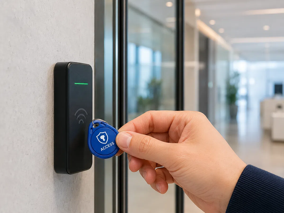 Hand tapping a navy RFID keyfob on an office door access reader