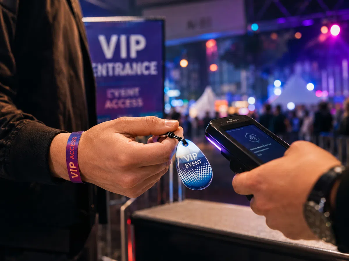 Event staff scanning a red star-shaped epoxy RFID keyfob on a wristband