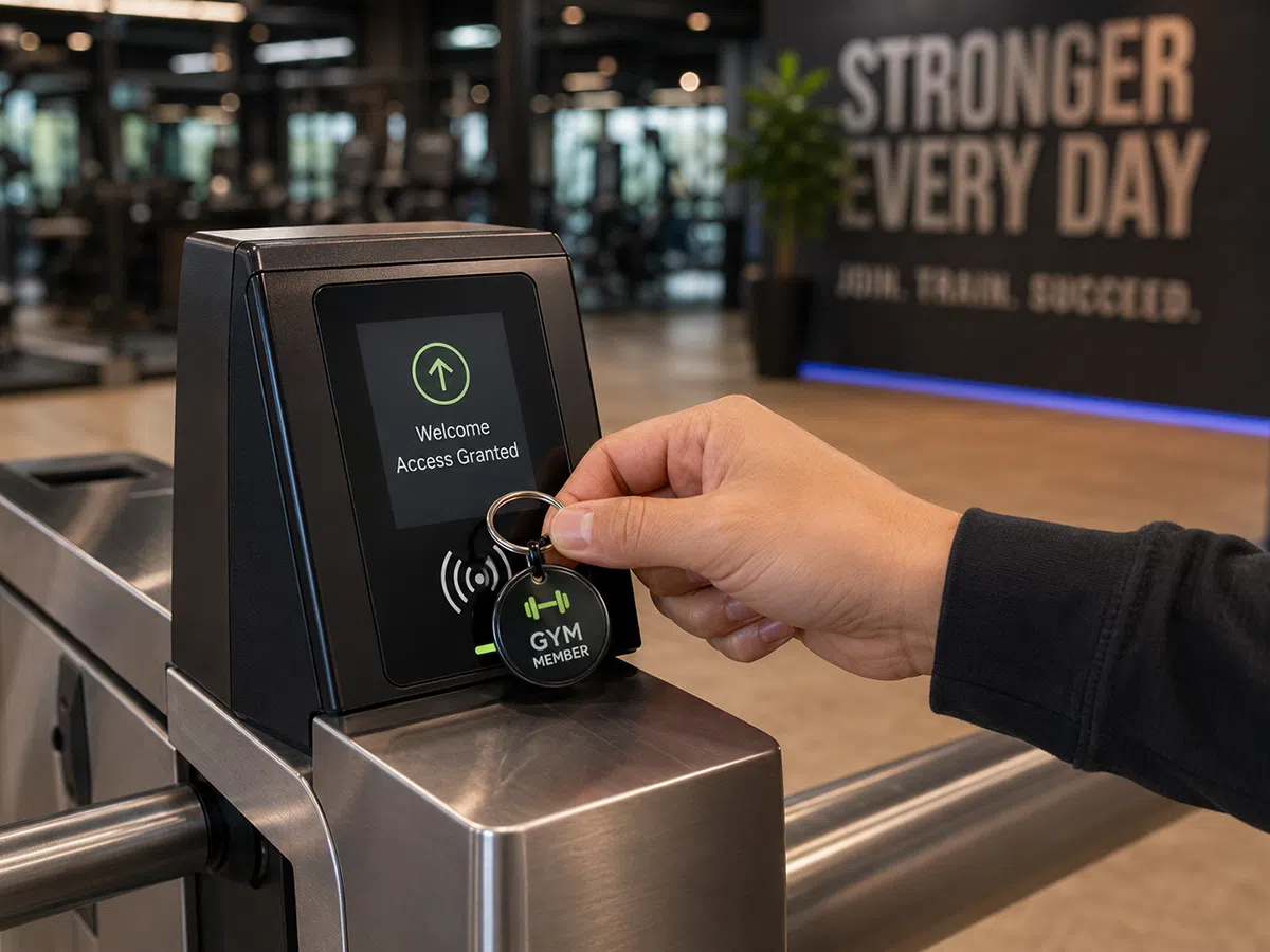 Wrist tapping a green epoxy RFID keyfob on a gym entry turnstile