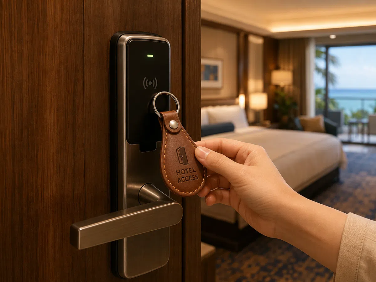 Brown leather RFID keyfob hanging from a hotel room door handle beside the lock reader