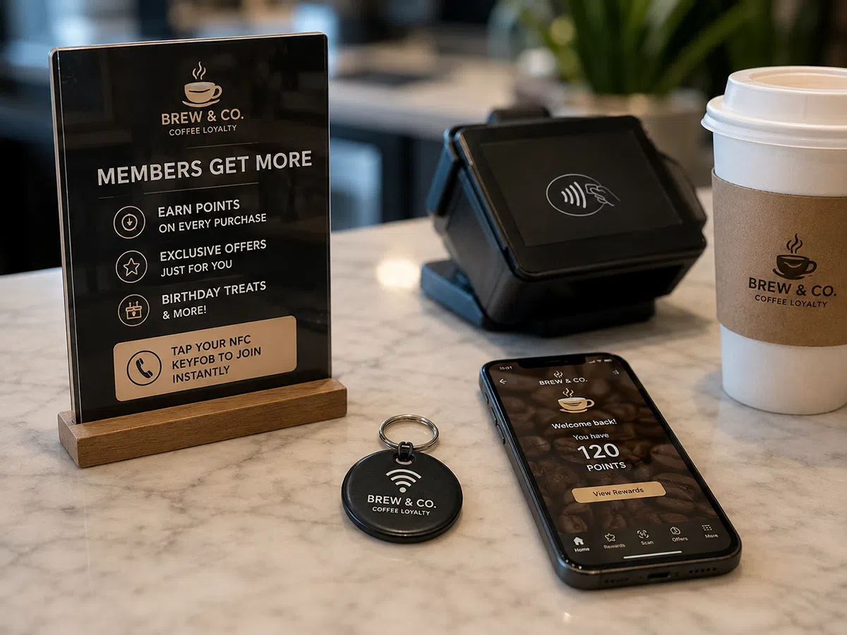 Barista scanning a pink epoxy RFID keyfob at a cafe loyalty reader