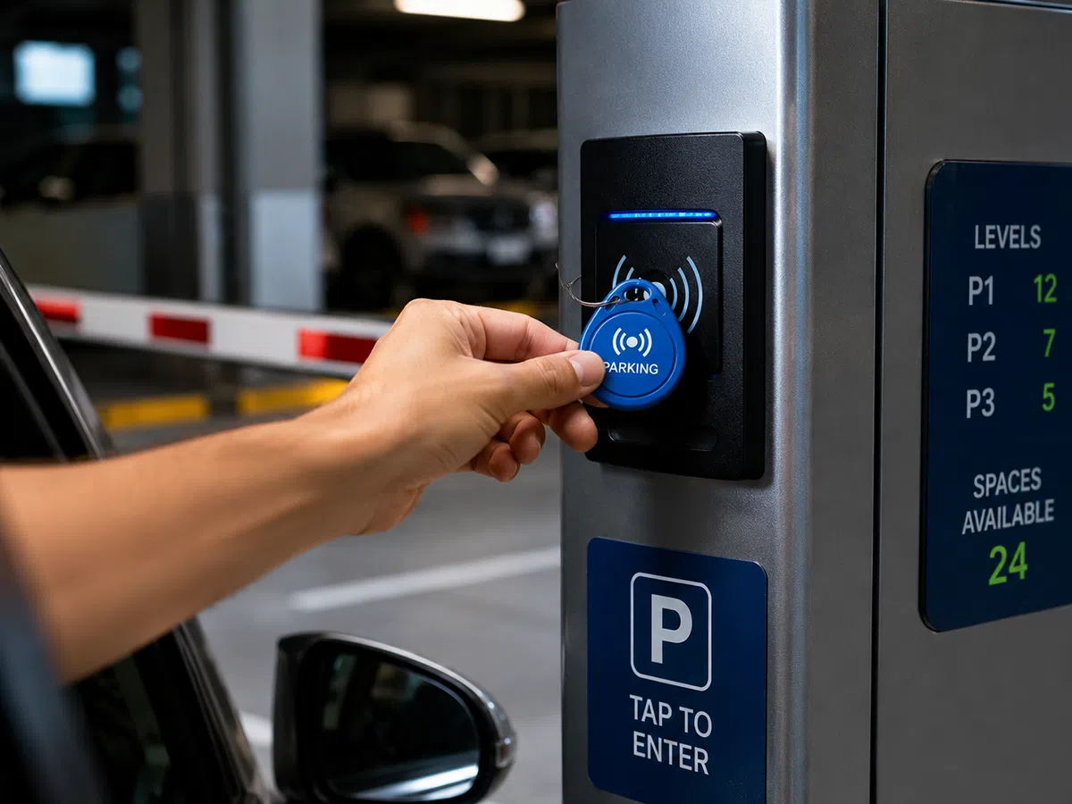 Driver tapping a blue ABS RFID keyfob on a parking barrier reader