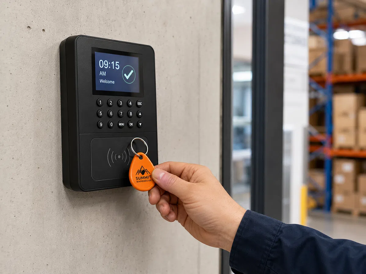 Orange ABS RFID keyfob held against a wall-mounted time clock terminal in a warehouse
