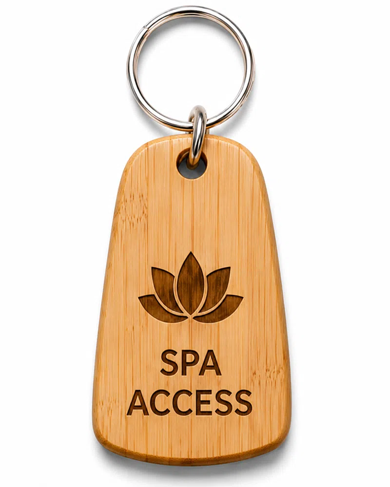 Natural bamboo wood NFC keyfob laser engraved Spa Access with lotus icon