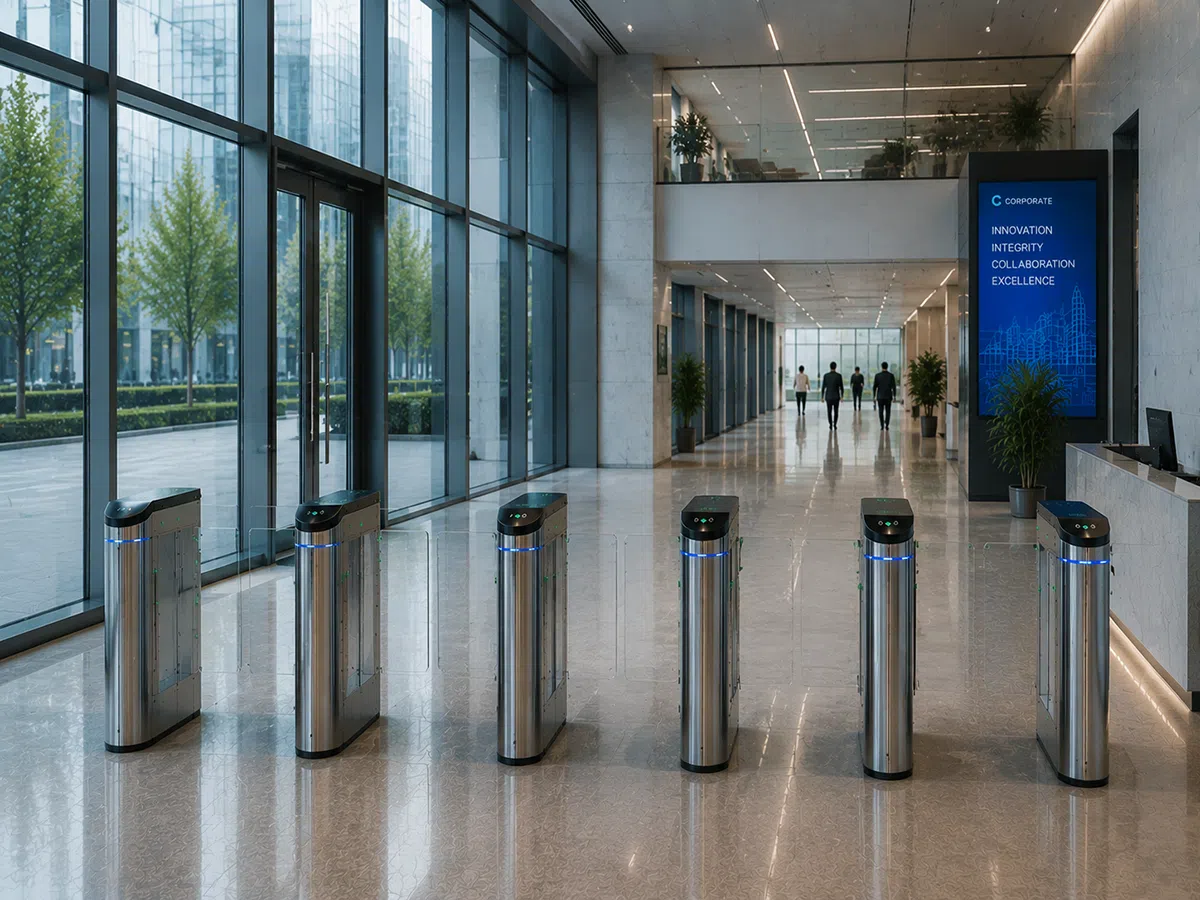 Six flap barrier turnstile lanes in the staff entrance lobby of an office building with a glass curtain wall