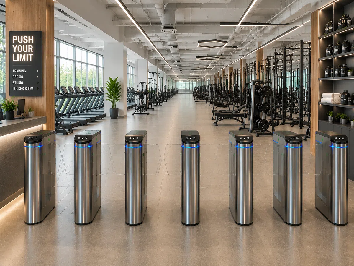 A row of flap barrier turnstiles between the reception counter and the training floor of a modern gym