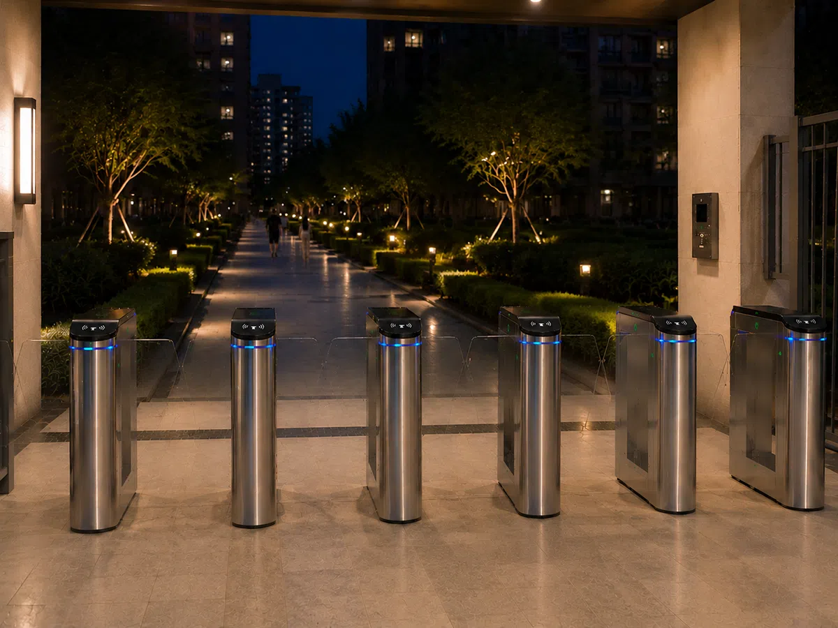 Flap barrier turnstiles at the lit pedestrian entrance of a residential apartment community in the evening