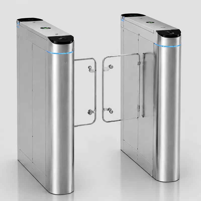 CedaGlo swing gate configuration with swinging glass barrier arms