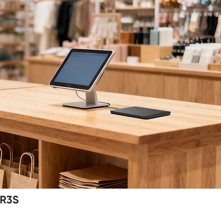 R3S sitting on a wooden retail counter next to a countertop POS terminal, with paper bags stored below