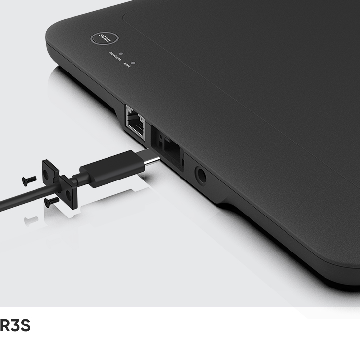 USB Type-C plug with a screw-down bracket lined up with the Type-C port on the R3S