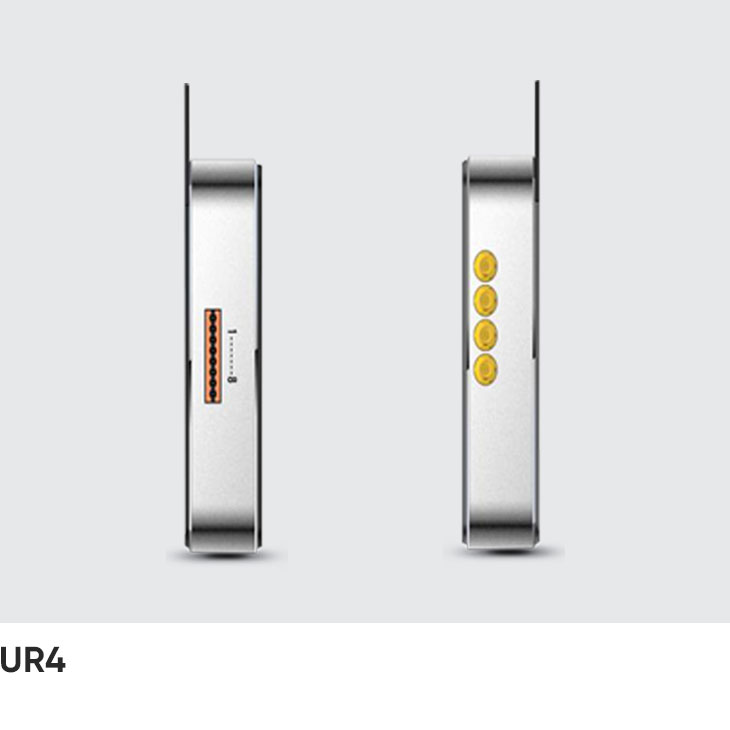 Both narrow sides of the CedaGlo UR4, one with the GPIO terminal block and one with four SMA antenna ports