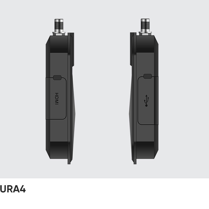 Both sides of the CedaGlo URA4, one cover marked HDMI and the other marked with the USB symbol
