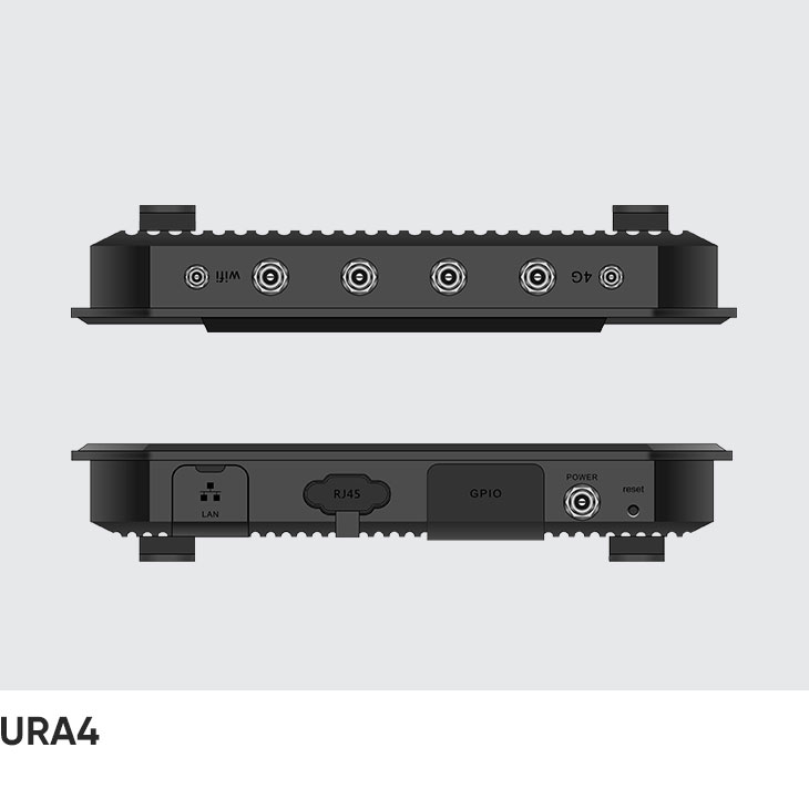 Top and bottom edges of the CedaGlo URA4, with antenna connectors above and LAN, RJ45, GPIO, POWER and reset below