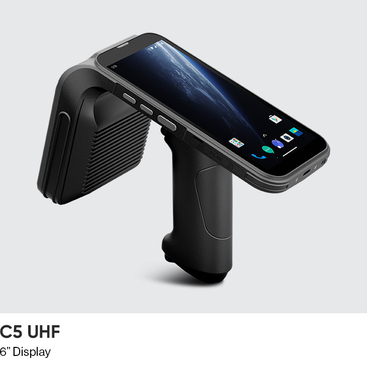 CedaGlo C5 UHF handheld RFID reader with 6-inch display, shown at an angle above the pistol grip