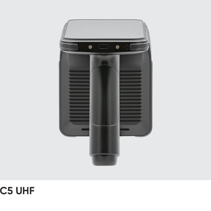 Rear view of the CedaGlo C5 showing the vented UHF module housing either side of the grip