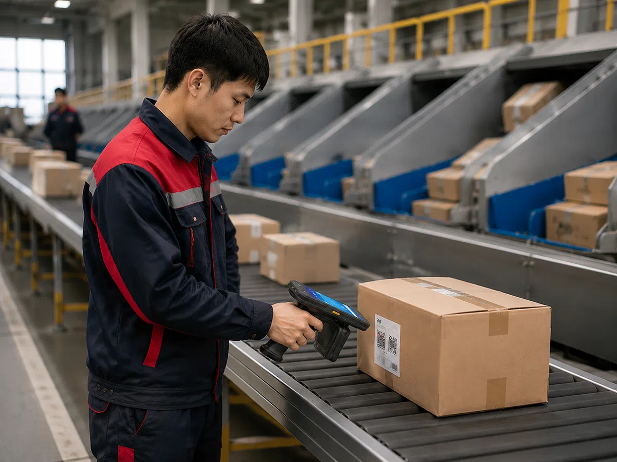 Logistics worker scanning parcels on a conveyor with the CedaGlo C72