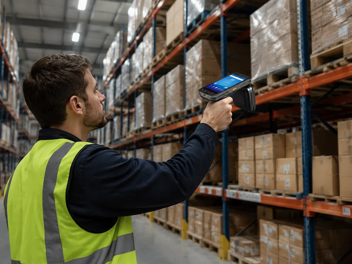 Warehouse worker sweeping high pallet racking with the CedaGlo C72 UHF RFID reader