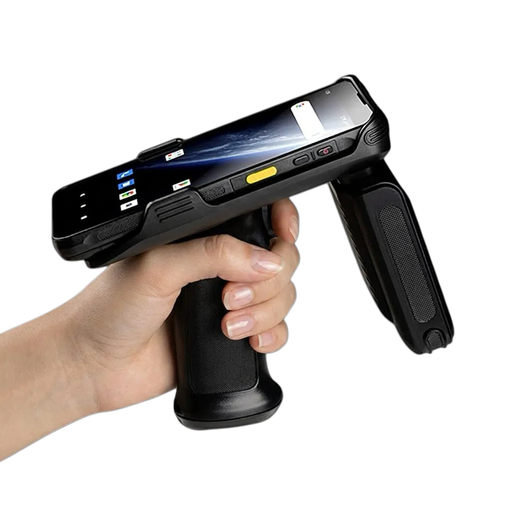 CedaGlo MC51 UHF sled being used to scan overhead stock