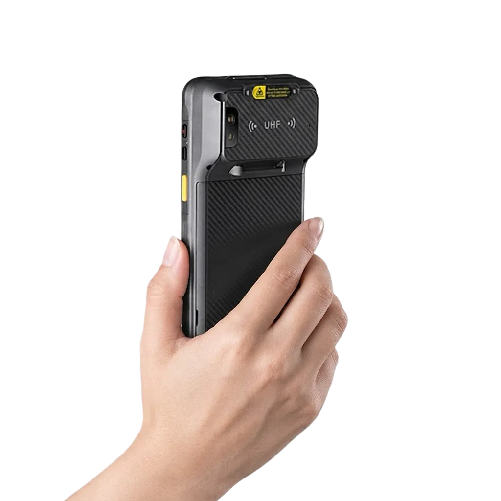 CedaGlo MC51S built-in UHF held one-handed, rear view