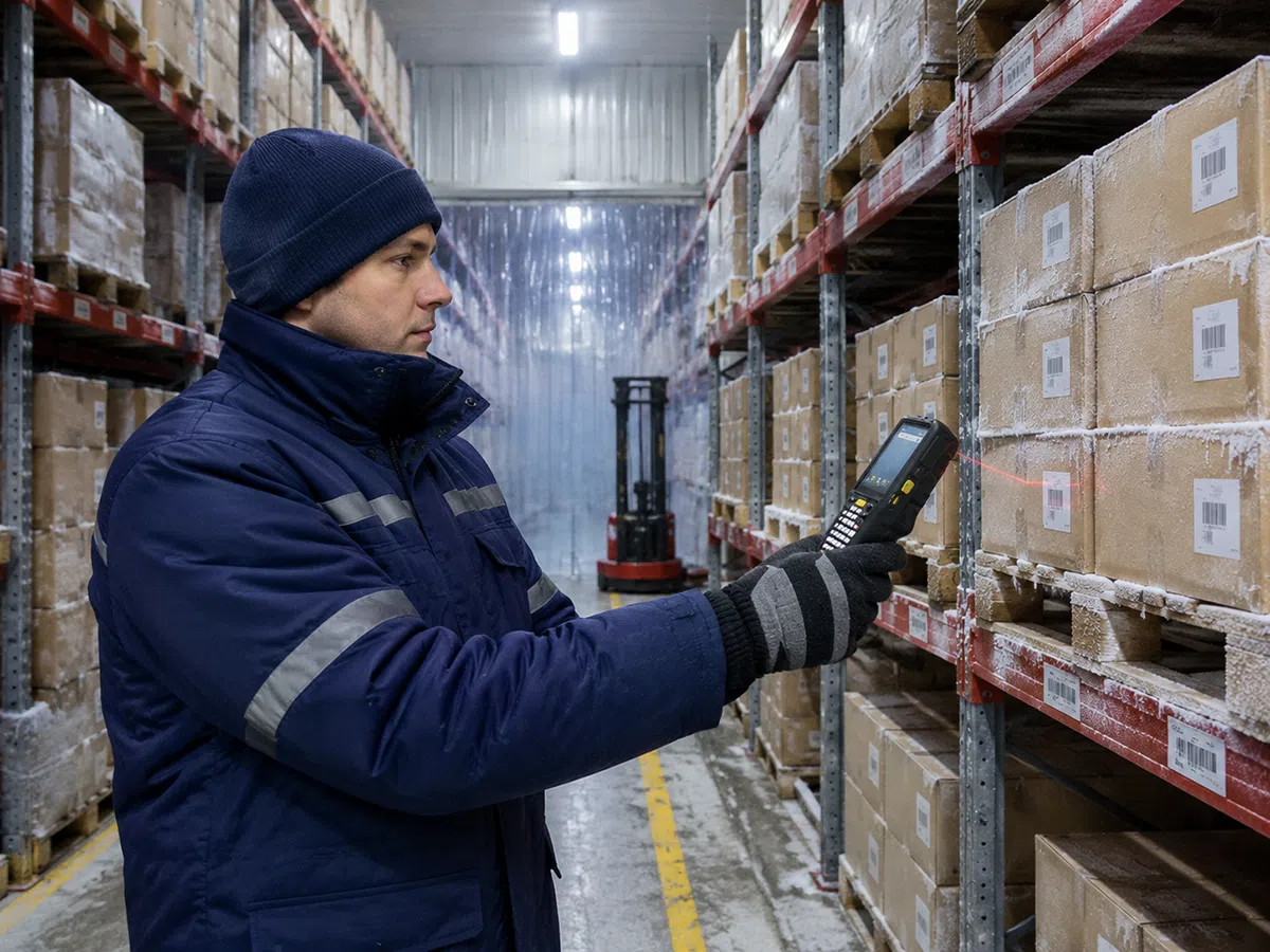 Picker in freezer clothing scanning a frost-covered carton in a frozen food warehouse aisle