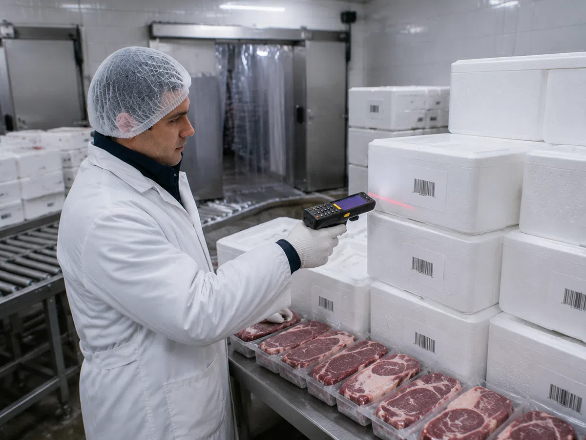 Operative scanning packed meat boxes at a chilled dispatch bench with the CedaGlo C63 Cold Storage