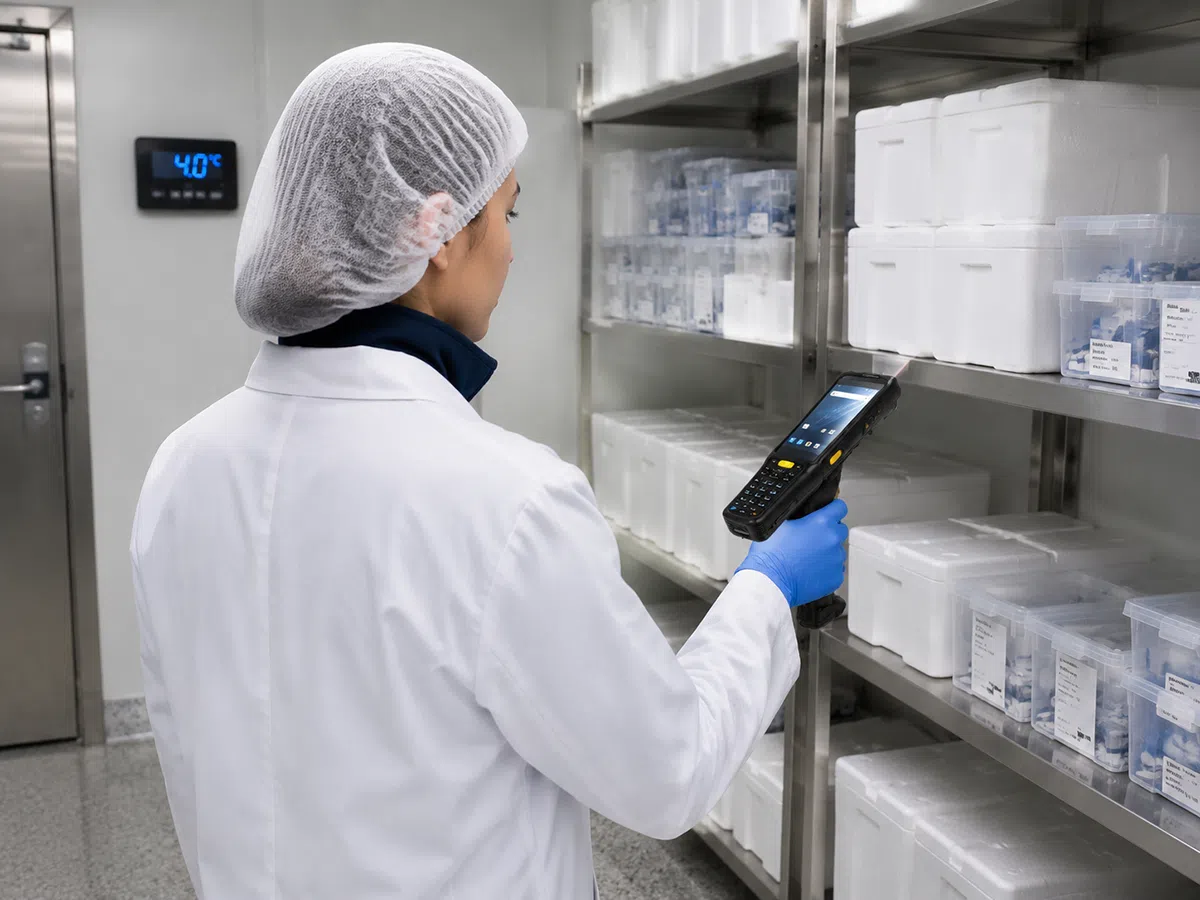 Technician keying a lot number on the CedaGlo C63 Cold Storage in a medical cold room