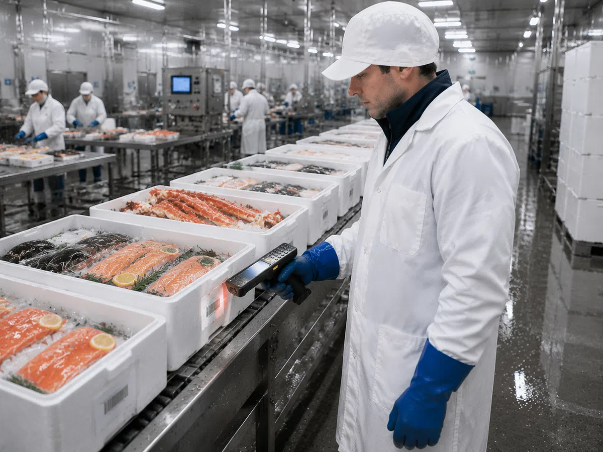 Worker scanning chilled seafood crates on a stainless steel line with the CedaGlo C63 Cold Storage