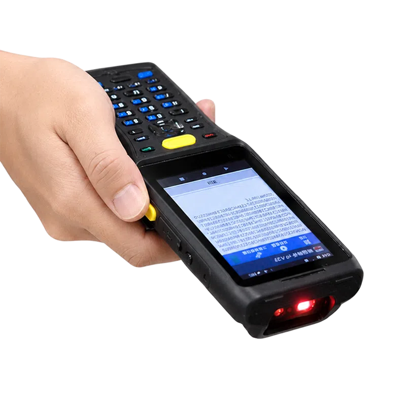 Operator scanning a barcode with the CedaGlo C63 in handheld mode, aimer visible