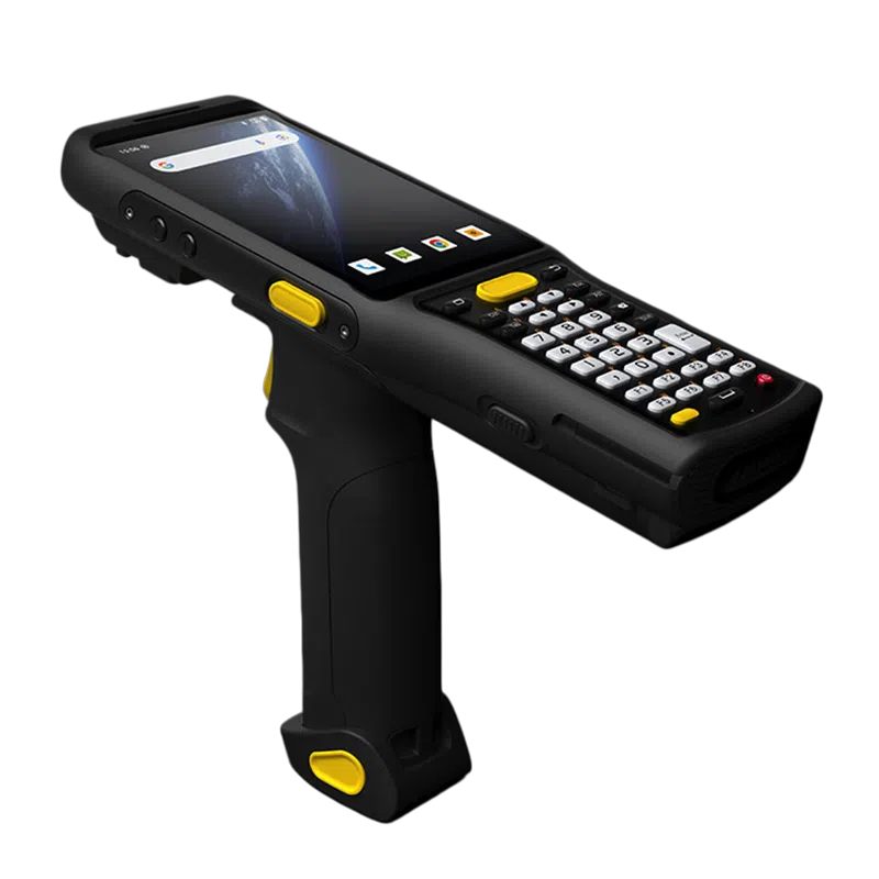 CedaGlo C63 keypad mobile computer with detachable pistol grip, three-quarter view
